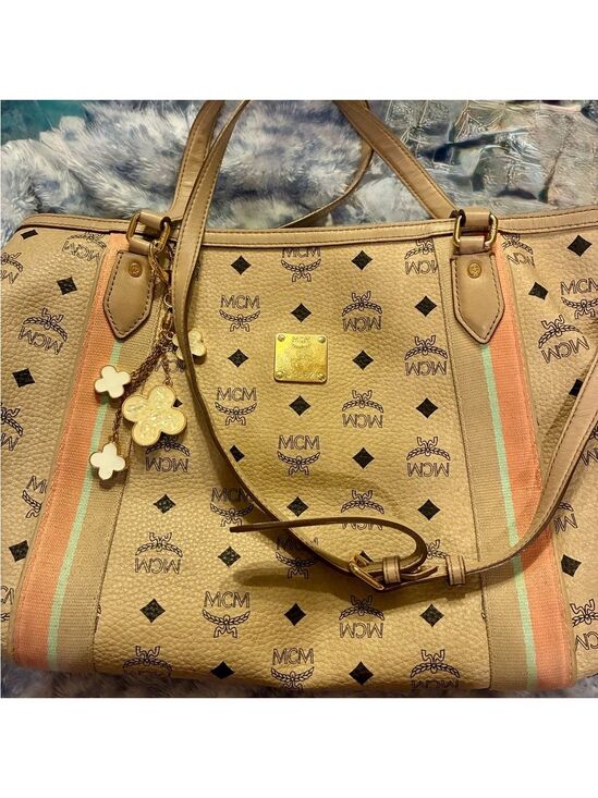 MCM Handbags - MCM Tan & Pink Monogram Tote Bag Gold Accents Q4382 München